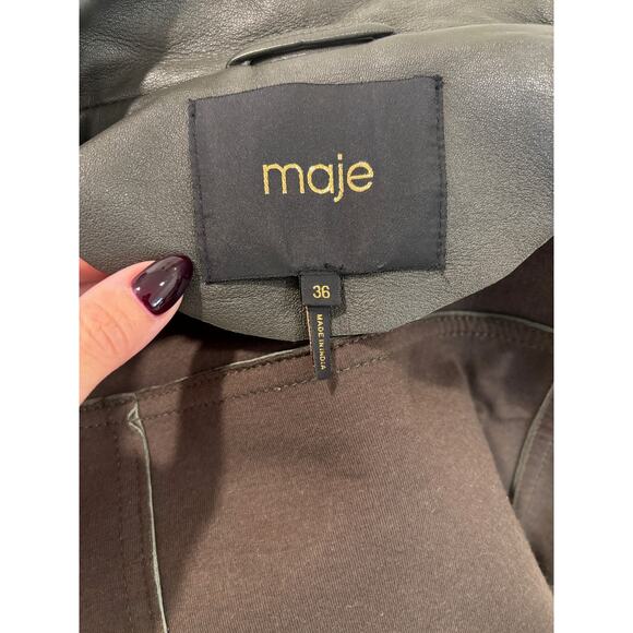 Maje Dark Green Lamb Leather Biker Jacket Size 36 - Small - Picture 8 of 9